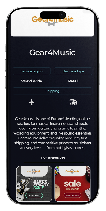 Smartphone screen showing Gear4Music website with service region set to World Wide, business type Retail, shipping icons, company description, and live Black Friday and sale discount offers.