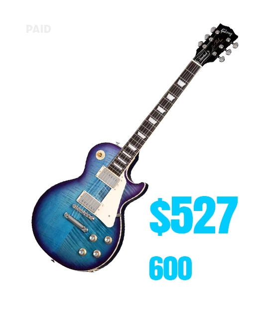 a blue electric guitar with white text