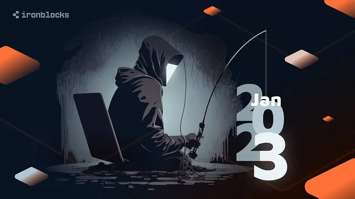Illustration of a hooded figure sitting at a computer, engaging in a phishing attack, with the text "Jan 2023" and the Ironblocks logo in the background, symbolizing the rise of web3 phishing attacks in January 2023