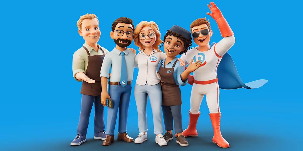 Vijf geanimeerde 3D-personages van het Hoogvliet team tegen een blauwe achtergrond, waaronder de superheld-mascotte