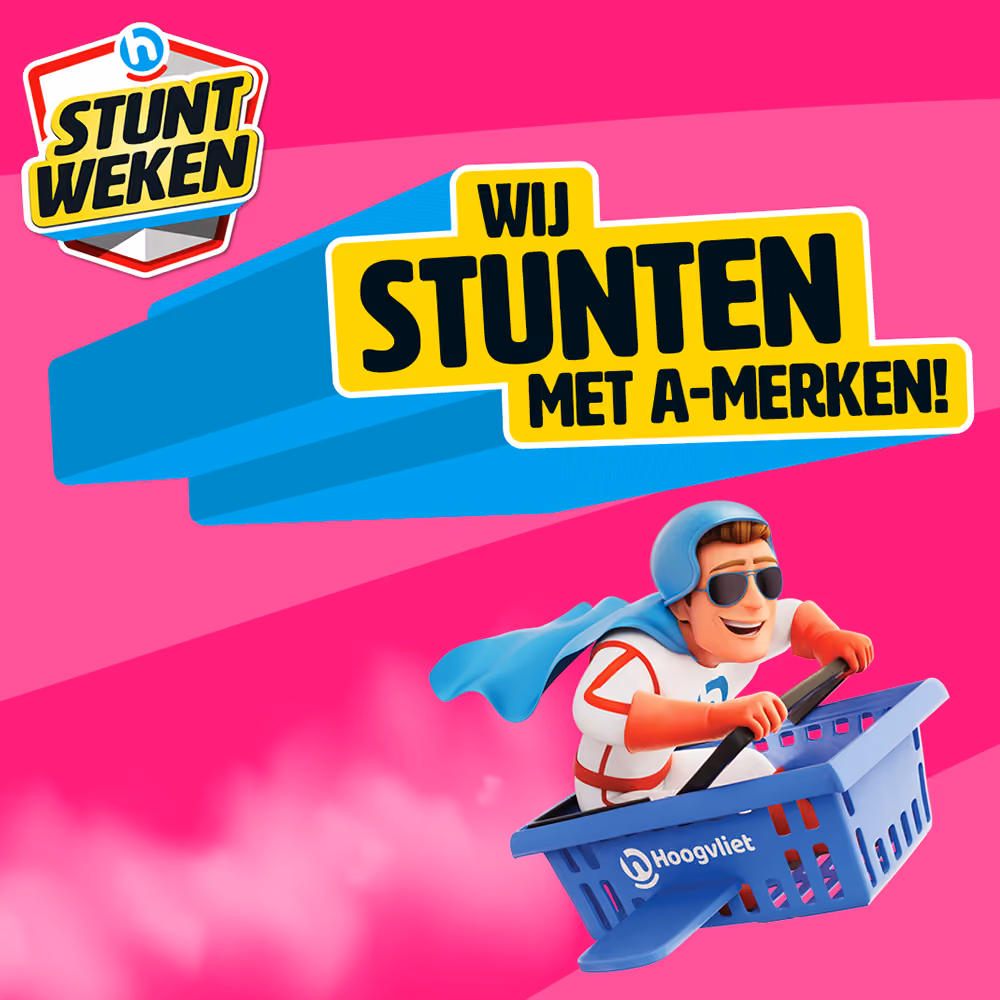 Hoogvliet Stuntweken campagnemascotte in een winkelmandkarretje voor kortingen op A-merken