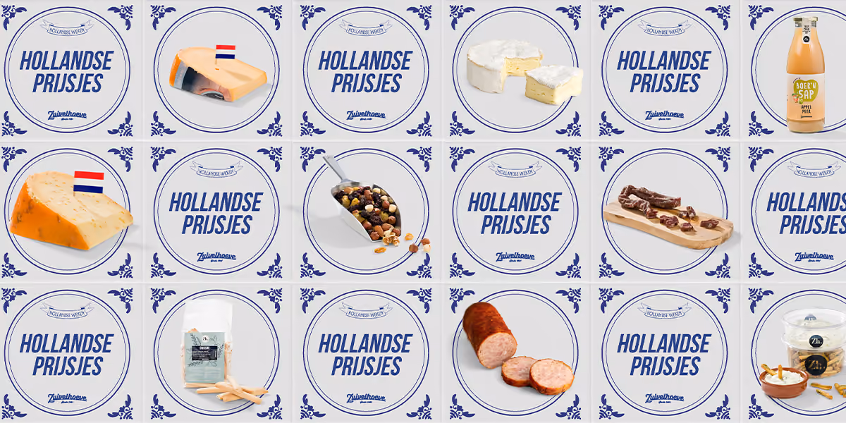 Raster met Zuivelhoeve promotietegels voor Hollandse Prijsjes aanbiedingen op kaas, dranken, snacks en brood