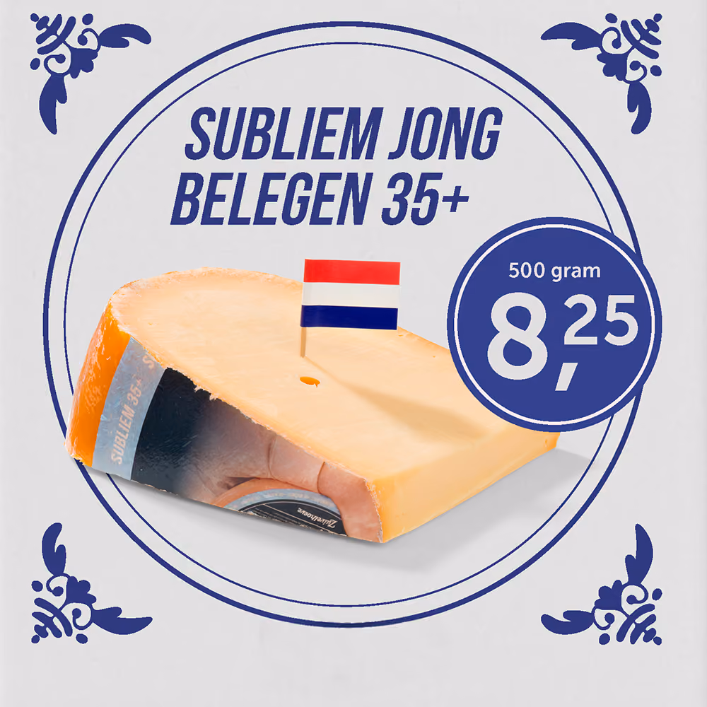 Productafbeelding met belegen kaas, Nederlandse vlag en prijs