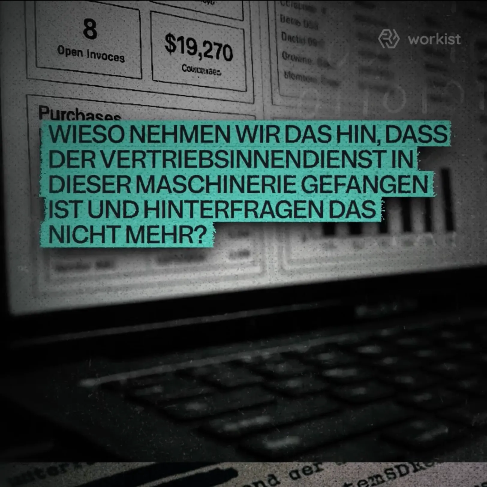 Bildschirm mit hervorgehobenem deutschem Text über Vertriebsinnendienst in Maschinerie und Hinterfragen.