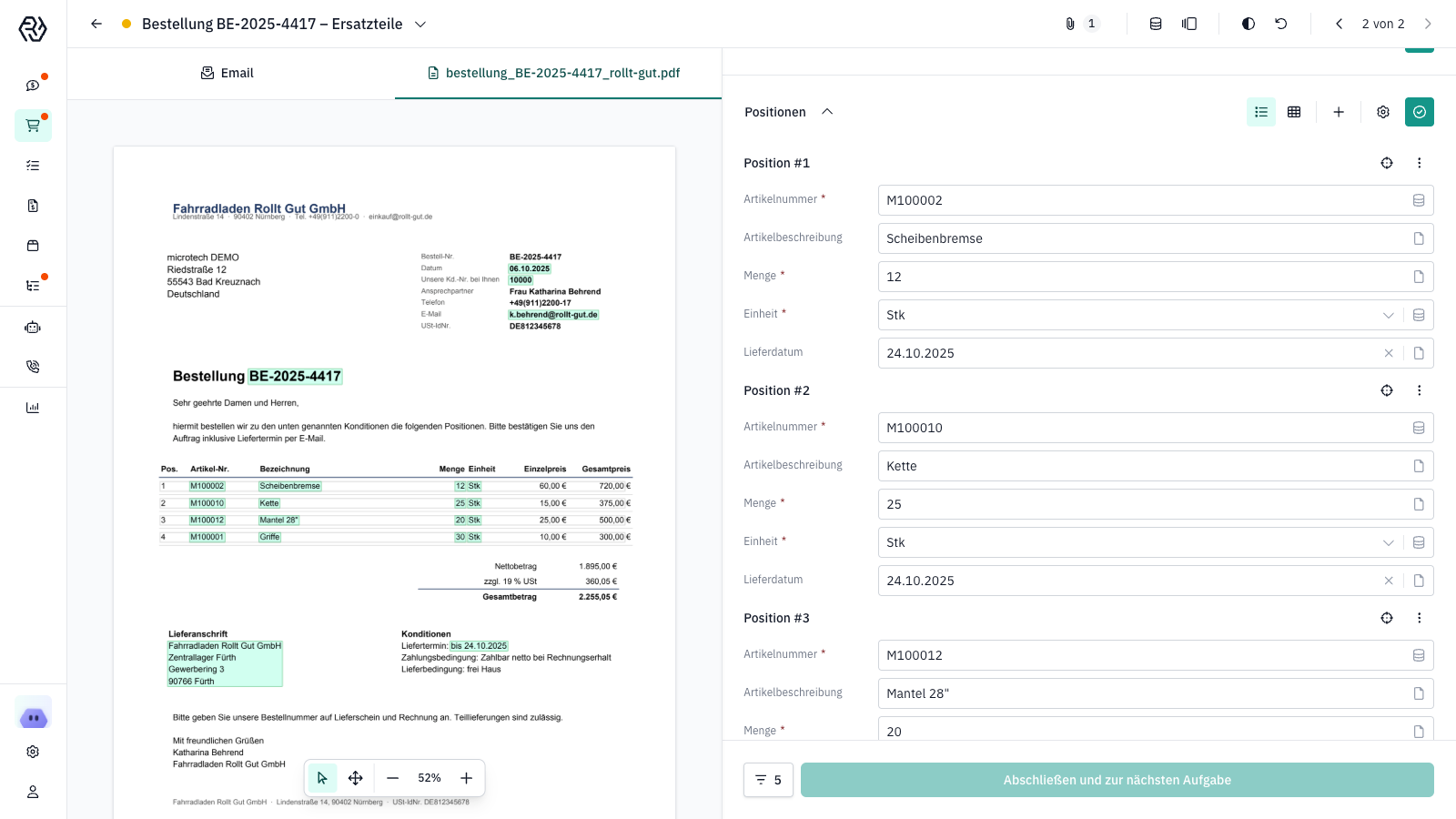 Workist Positionsprüfung mit Bestell-PDF und erkannten Artikeln