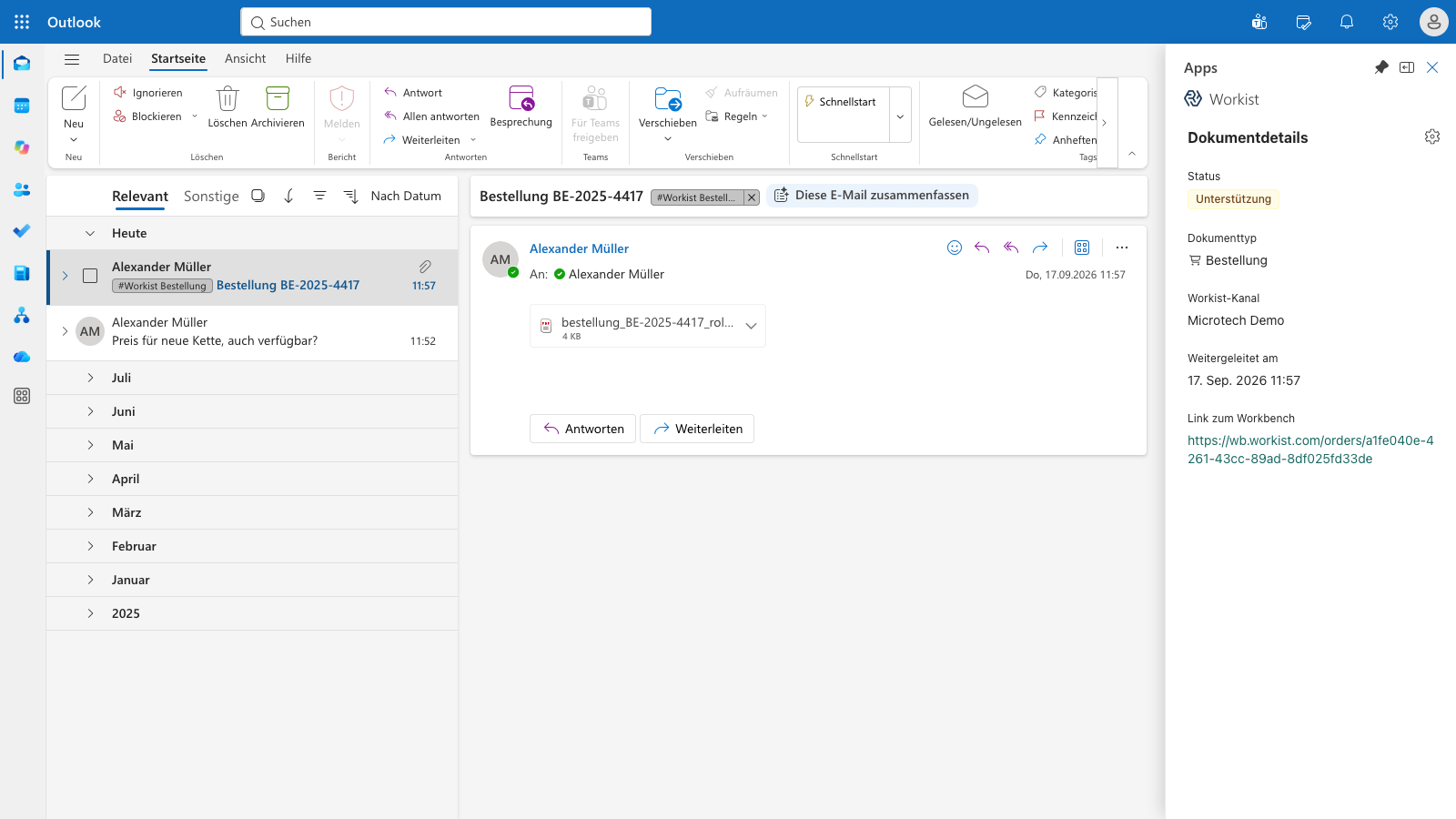 Outlook-Posteingang mit eingehender Bestellung und Workist Add-in