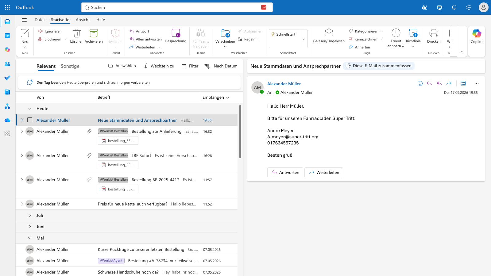 Outlook-Posteingang mit Kunden-E-Mail zu neuen Stammdaten und Ansprechpartner