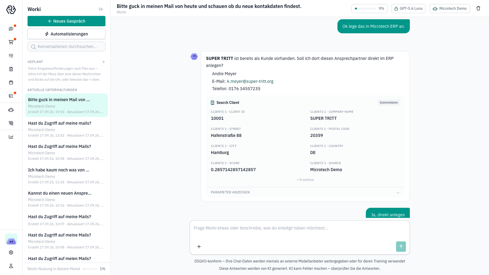 WorkI Chat: Abgleich des Kunden mit Microtech Büro+, Ansprechpartner fehlt