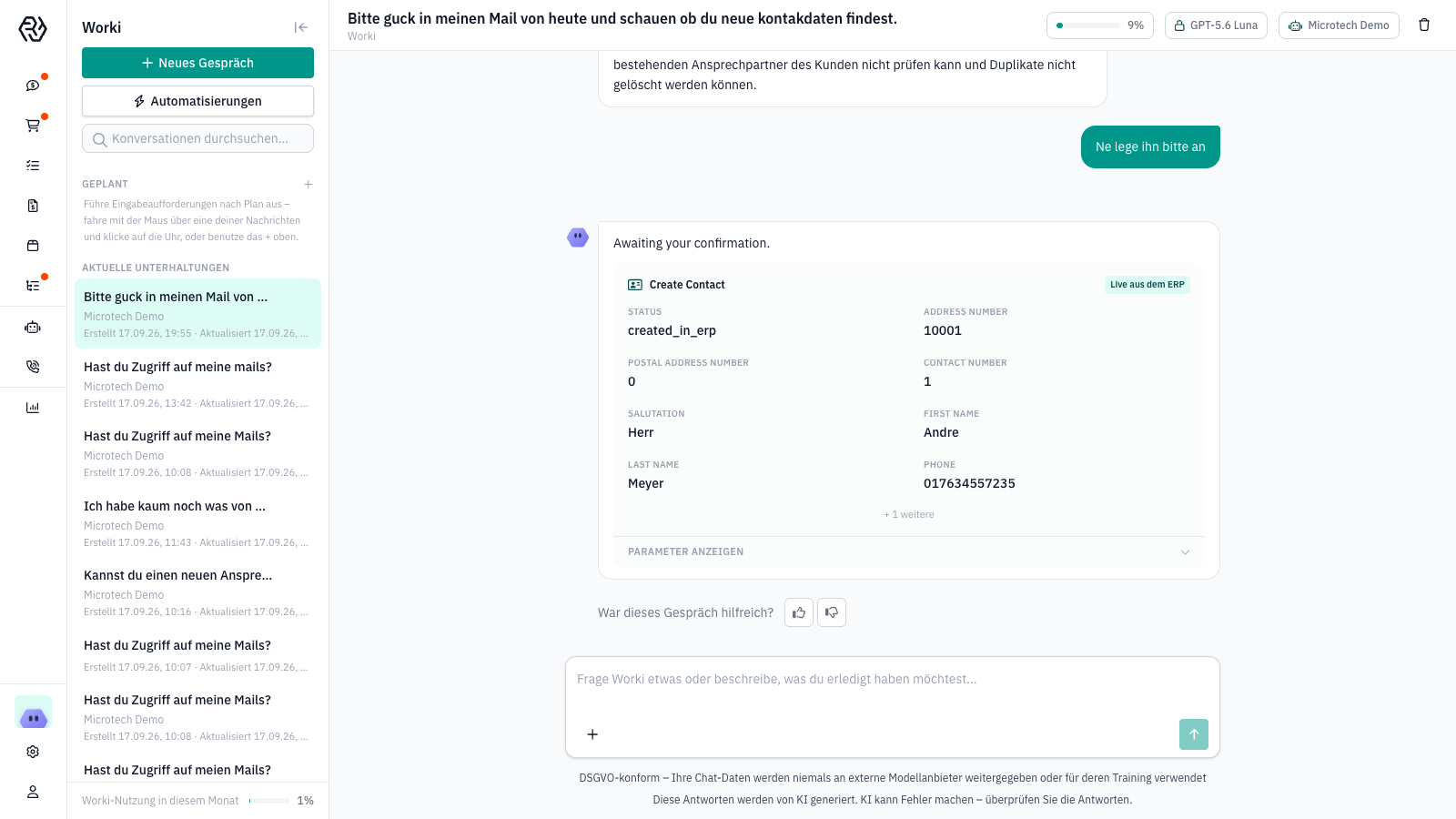WorkI Chat: Bestätigung, Ansprechpartner wird in Microtech Büro+ angelegt