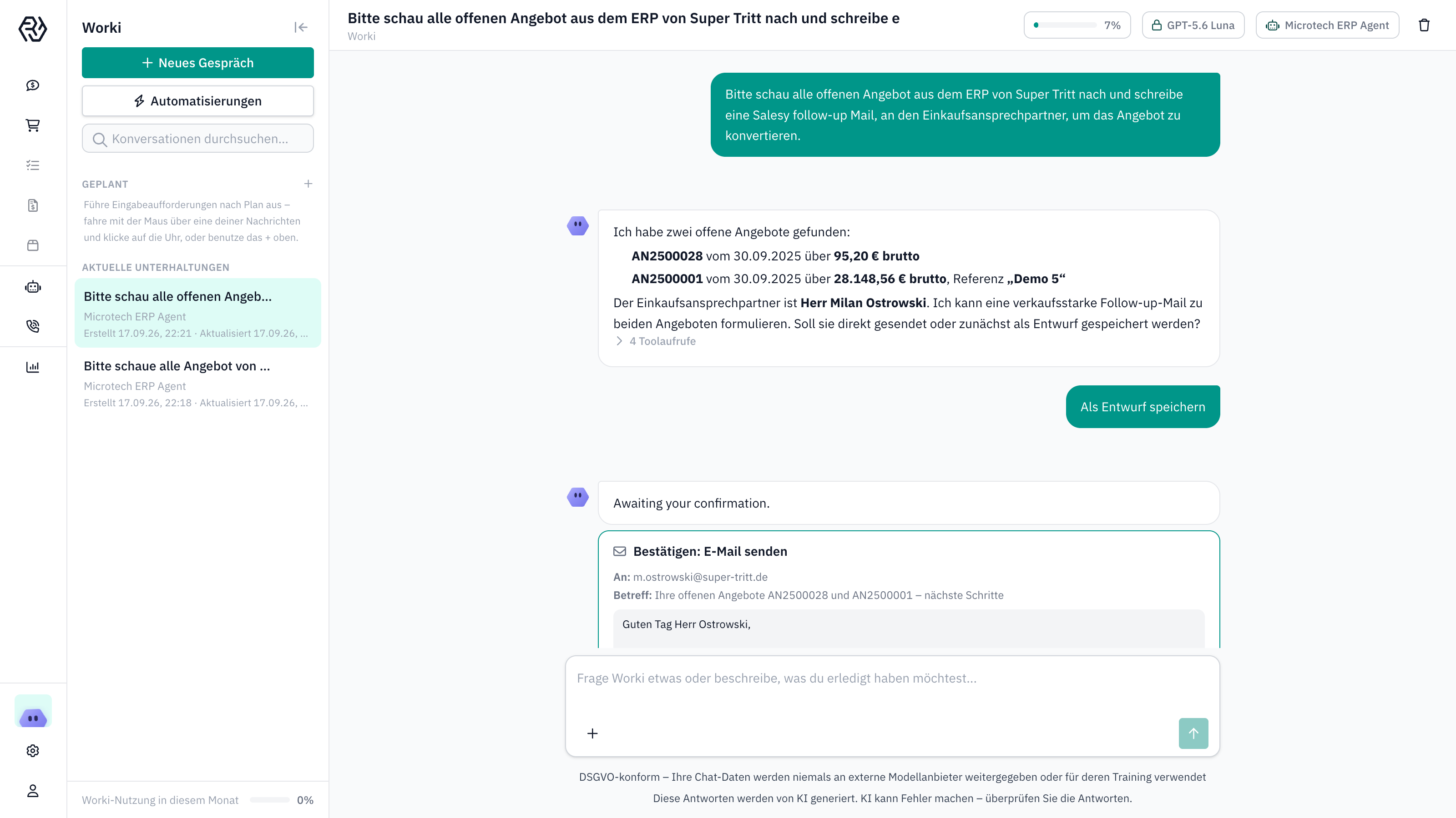 WorkI Chat: offene Angebote aus Microtech Büro+ mit Ansprechpartner im Einkauf
