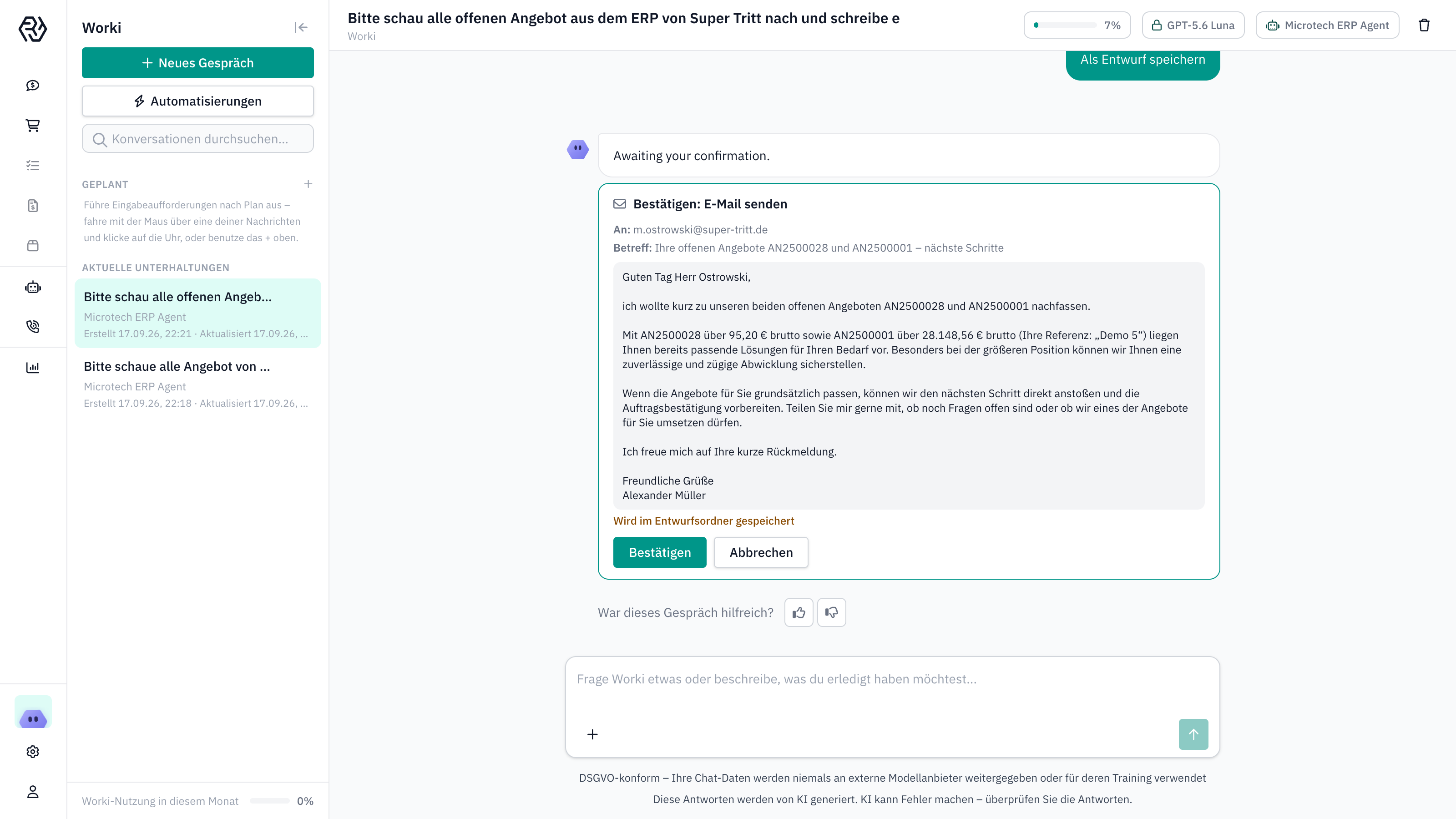 WorkI Chat: Entwurf der Nachfass-E-Mail wartet auf Bestätigung