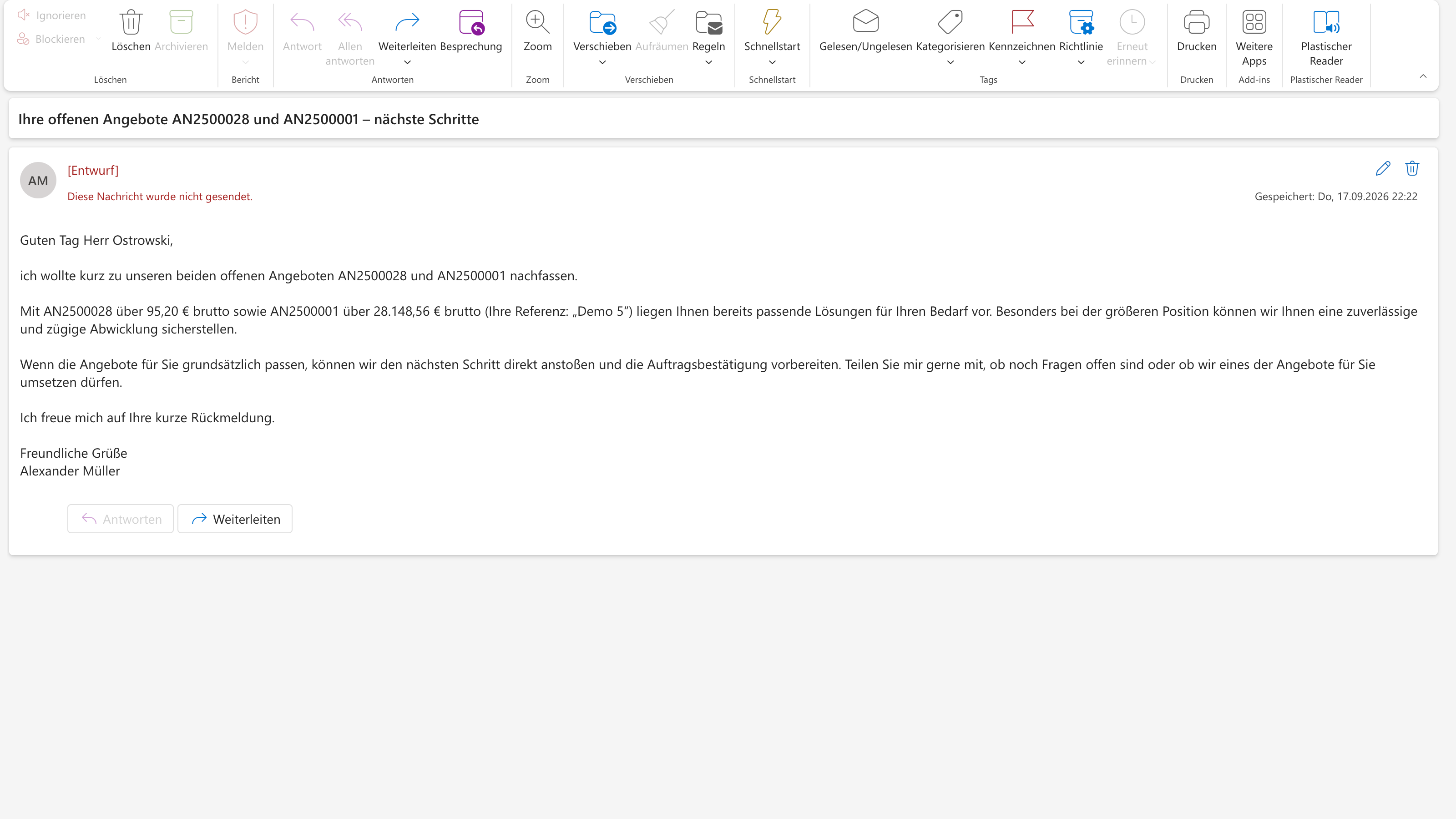 Outlook: fertiger Entwurf der Nachfass-E-Mail zu zwei offenen Angeboten
