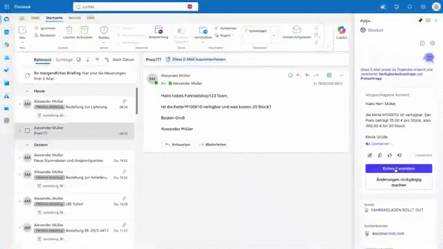 Demo: WorkI beantwortet eine Preisanfrage in Outlook mit Preis und Verfügbarkeit aus Microtech Büro+