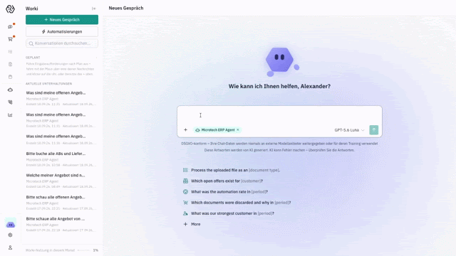 WorkI Chat: ein Prompt wird eingegeben, der Vorgang entsteht in Microtech Büro+