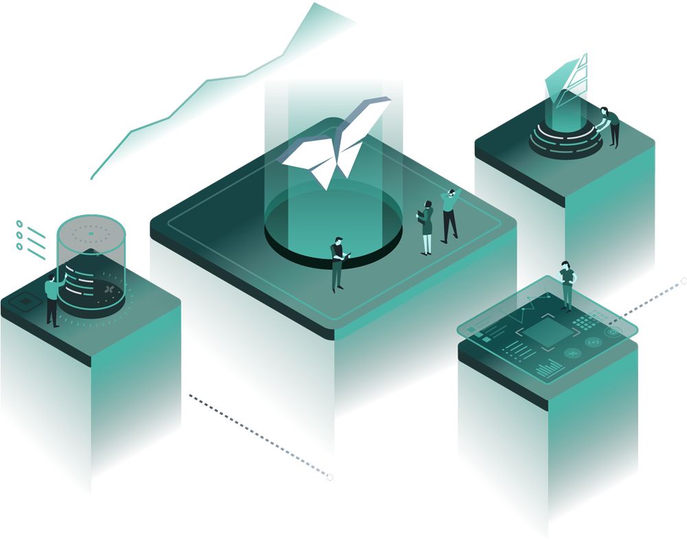 Isometric digital illustration showing four podiums with people interacting with charts and holograms representing data analytics, team, client, and technology.