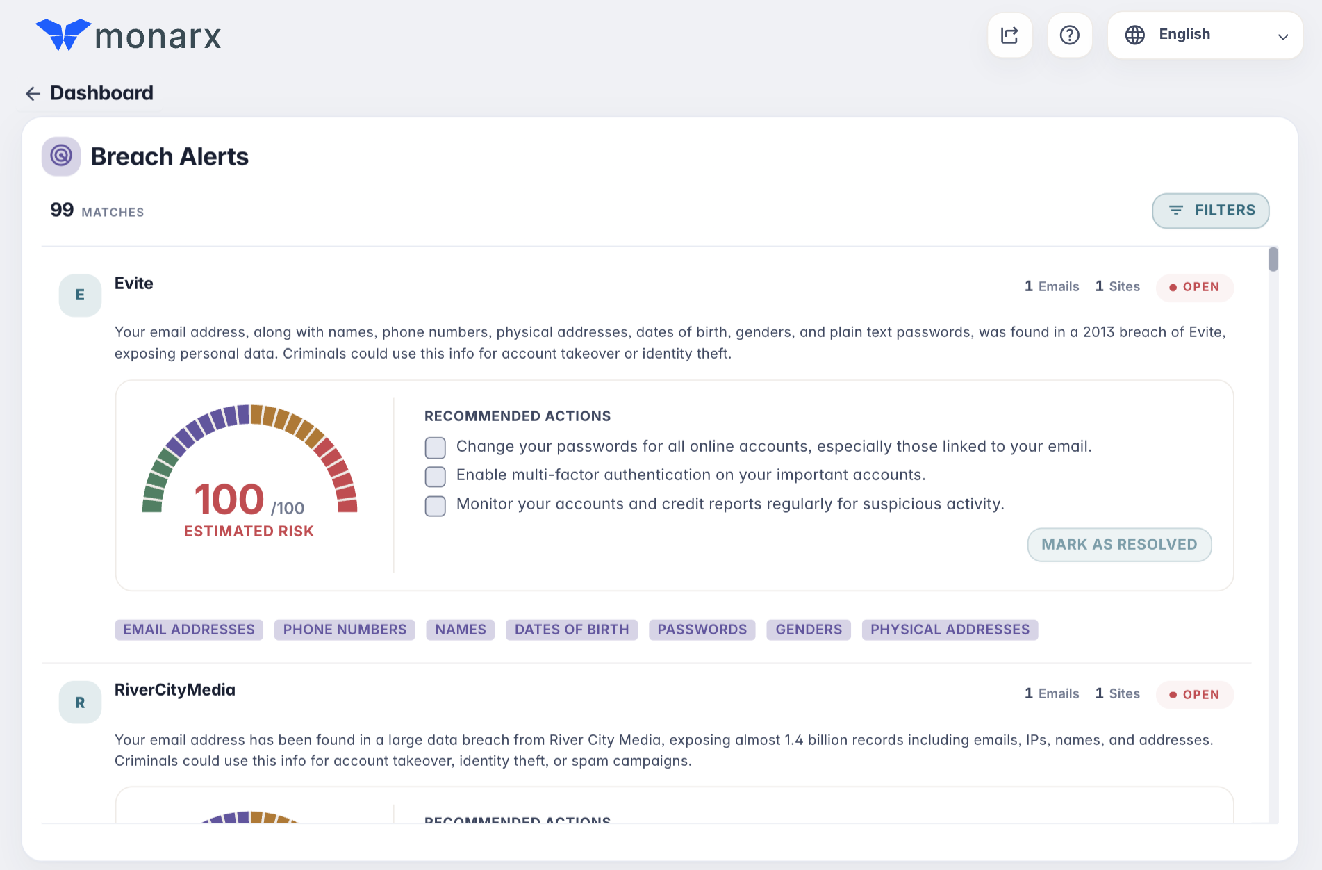 Monarx dark web breach report dashboard showing 4 emails found, 32 breaches found, no new breaches, 1.37 trillion data points scanned, threat score 52 of 100, and breach details for CarGurus and SynthientCredentialStuffingThreatData sources.