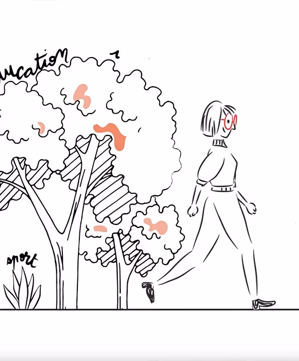 Motion design où est représenté une personne marchant devant de la verdure reflettant les actions et les intérêts soutenus