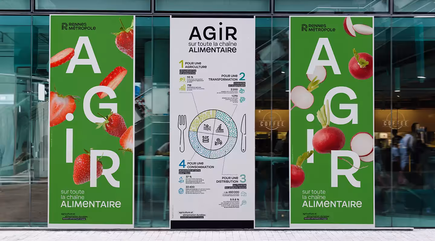 3 rolls up placés sur une devanture vitrée d'un café 