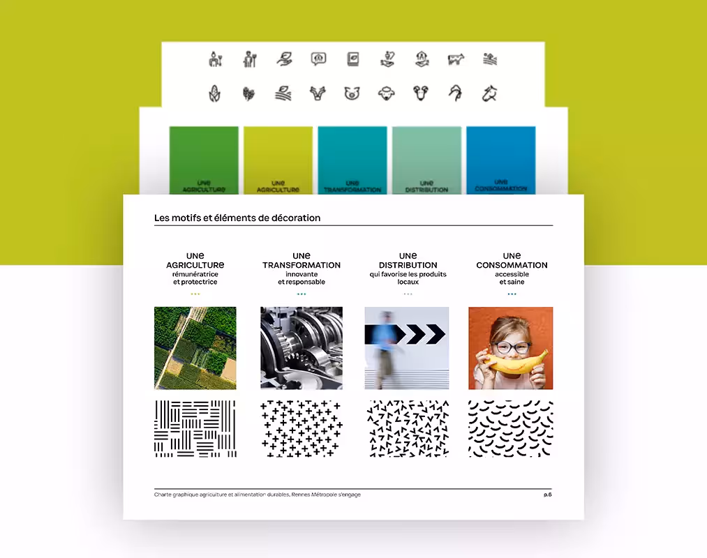 Charte graphique de la campagne agriculture et allimentation durable avec une succession de 3 slides contenants : images, patterns, couleurs et icons