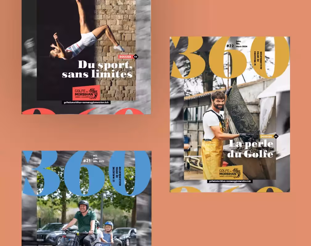 3 couvertures des dernières édition du magazine 360 sur un fond de couleur saumon