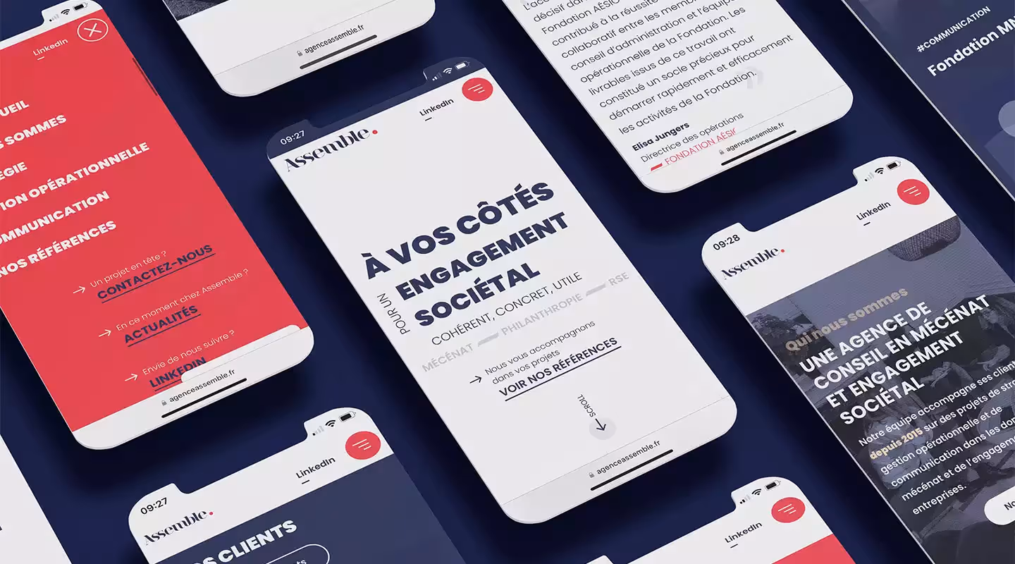 9 interfaces en version mobile placées en quiconce sur 5 colonnes