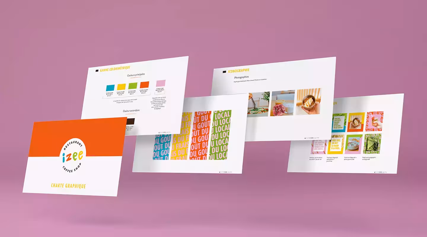 5 slides de la nouvelle charte graphique d'Izee, placée en quiconce sur un fond rose