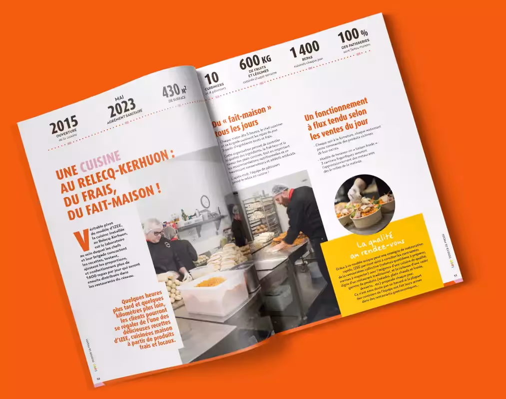 Une double page du dossier de presse mis en page par l'agence sur un fond rouge