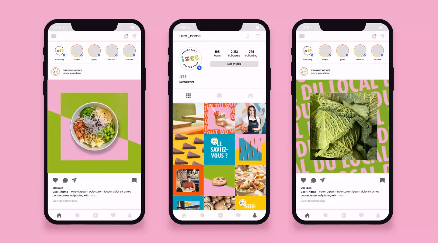 Mise en situation de la charte graphique avec 3 téléphones alignés affichant une projection des réseaux sociaux d'Izee