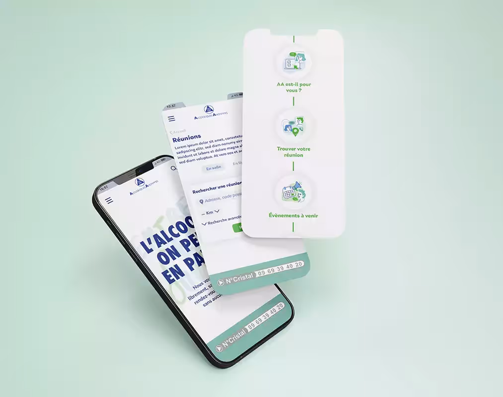 3 interfaces de la version mobile superposées sur un fond vert 3 interfaces de la version mobile superposées sur un fond vert