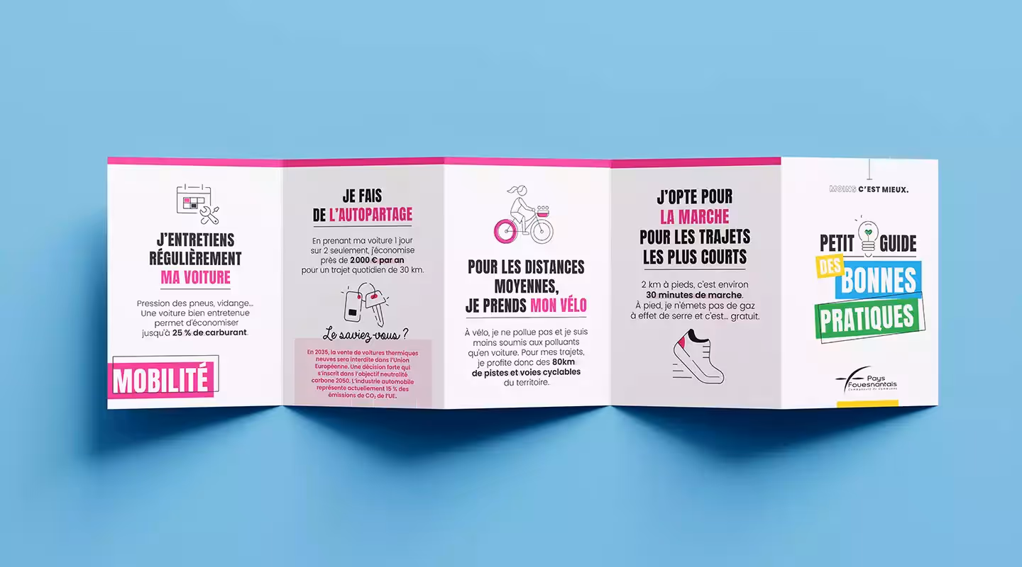 Guide des bonnes pratiques sous forme de dépliant accordéon ouvert sur fond bleu