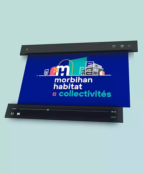 Vidéo affichant le logo de Morbihan Habitat et Collectivités sur fond bleu avec des icônes de bâtiments et infrastructures, accompagné d’une barre de lecture vidéo.