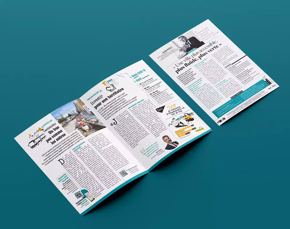 Deux pages intérieures du magazine "Entre les lignes", avec des articles sur les infrastructures de transport, notamment un bus et un investissement territorial, accompagnés de photos et illustrations. Titre : Articles sur les transports et infrastructures dans Entre les lignes