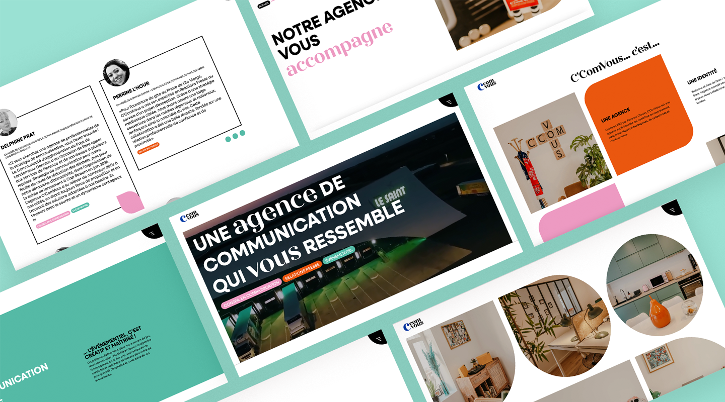 Présentation du site web C’ComVous avec extraits de pages d’accueil, témoignages clients, équipe et univers de marque.