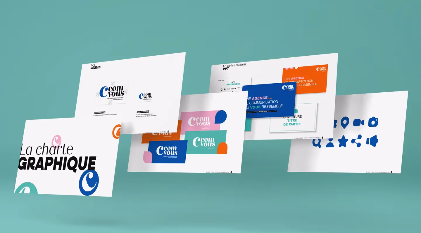 Aperçu de la charte graphique de l’agence C’ComVous, avec déclinaisons de logos, typographies, couleurs et pictogrammes. Aperçu de la charte graphique de l’agence C’ComVous, avec déclinaisons de logos, typographies, couleurs et pictogrammes.
