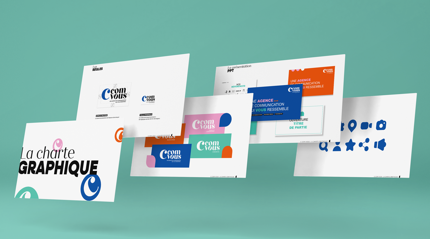 Aperçu de la charte graphique de l’agence C’ComVous, avec déclinaisons de logos, typographies, couleurs et pictogrammes.