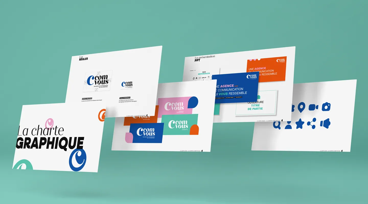 Aperçu de la charte graphique de l’agence C’ComVous, avec déclinaisons de logos, typographies, couleurs et pictogrammes. Aperçu de la charte graphique de l’agence C’ComVous, avec déclinaisons de logos, typographies, couleurs et pictogrammes.