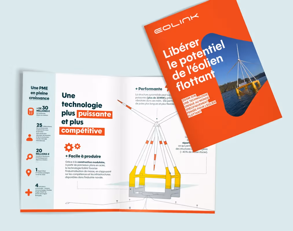 Brochure Eolink avec couverture rouge et photo d’éolienne flottante, accompagnée d’un schéma illustrant la structure pyramidale innovante.
