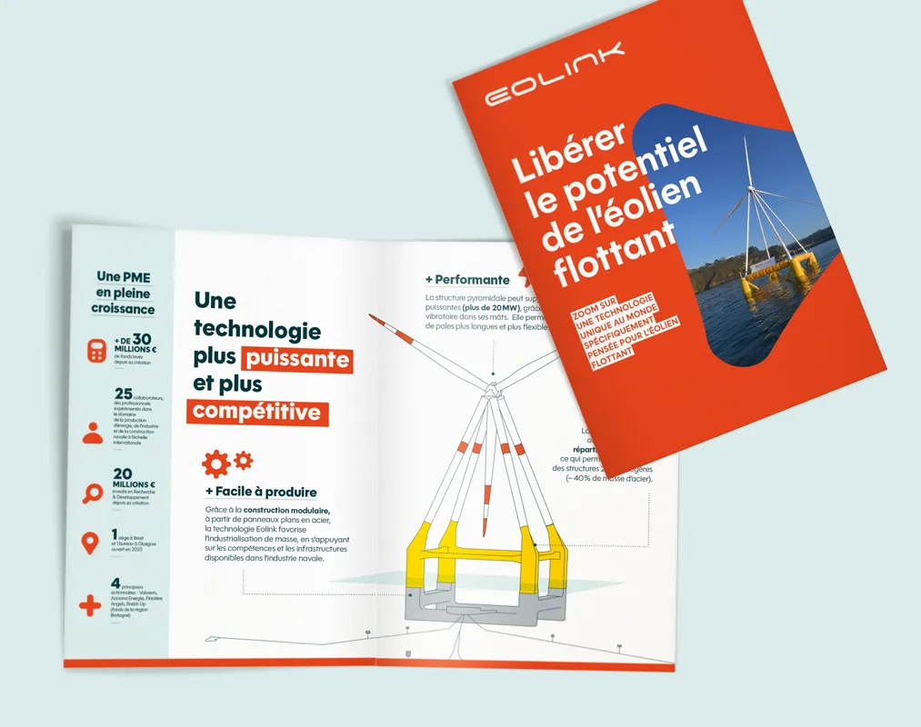 Brochure Eolink avec couverture rouge et photo d’éolienne flottante, accompagnée d’un schéma illustrant la structure pyramidale innovante.