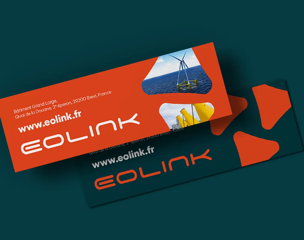 Signatures mail Eolink aux couleurs de la marque, avec adresse, site web et photos d’éoliennes en mer.