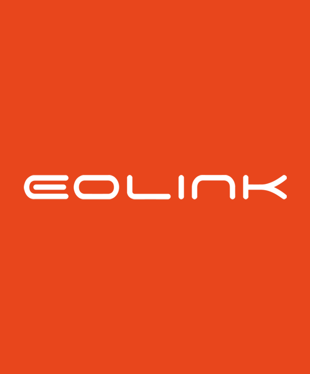 Logo Eolink en blanc sur fond orange vif, avec lettrage arrondi et moderne, symbole de l’identité visuelle de la marque.