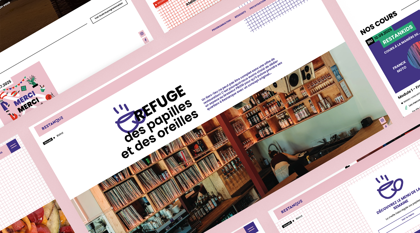Aperçu du site Restanque en version bureau avec mise en page colorée, photo du bar et slogan « Refuge des papilles et des oreilles ». Aperçu du site Restanque en version bureau avec mise en page colorée, photo du bar et slogan « Refuge des papilles et des oreilles ».