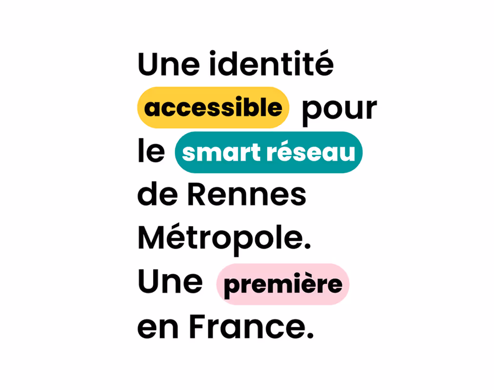 Texte illustratif en noir avec mots-clés surlignés en couleur : « Une identité accessible pour le smart réseau de Rennes Métropole. Une première en France. »
