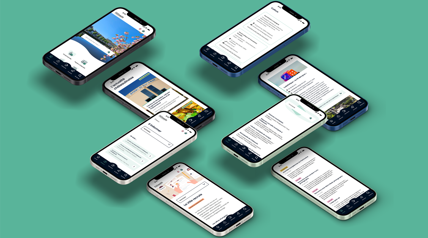 Disposition en éventail de plusieurs écrans mobiles du site de Châteaulin illustrant la diversité des services : actualités, agenda, démarches, offres d’emploi.