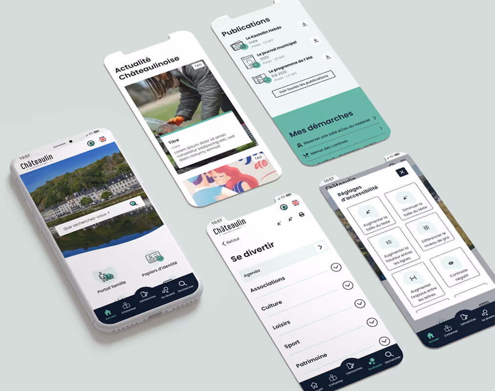 Aperçu des maquettes mobiles du site de Châteaulin affichant l’actualité locale, les démarches en ligne et les réglages d’accessibilité. Aperçu des maquettes mobiles du site de Châteaulin affichant l’actualité locale, les démarches en ligne et les réglages d’accessibilité.