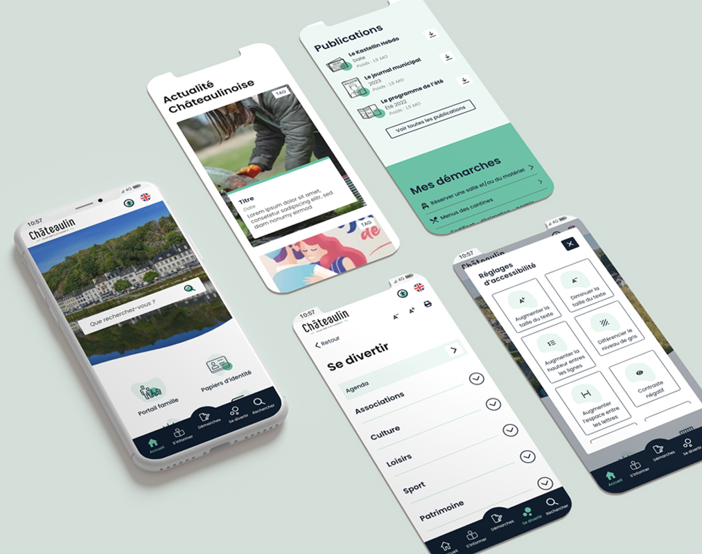 Aperçu des maquettes mobiles du site de Châteaulin affichant l’actualité locale, les démarches en ligne et les réglages d’accessibilité.