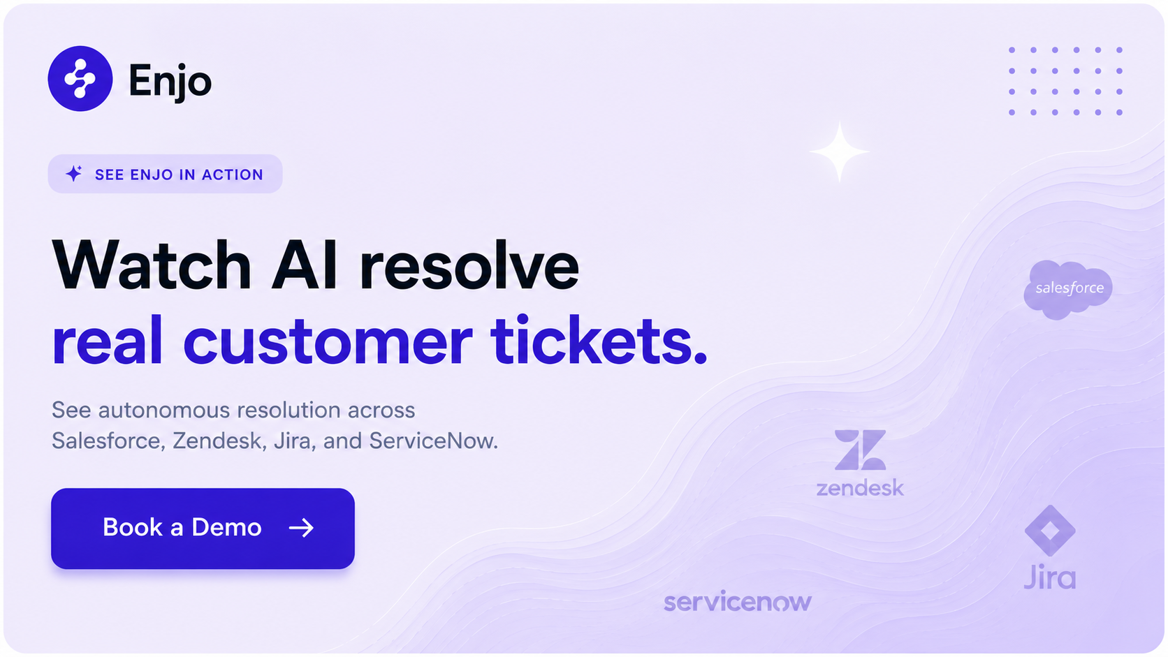 CTA banner showcasing Enjo AI resolving customer tickets across Salesforce, Zendesk, Jira, and ServiceNow.
