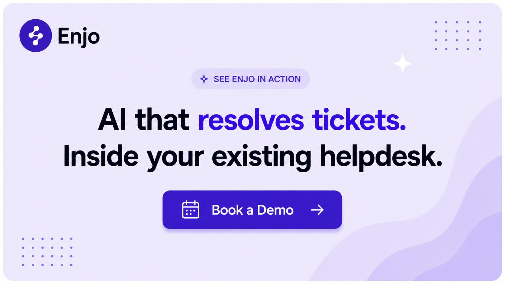 CTA banner promoting an Enjo AI demo for automated ticket resolution within existing helpdesks