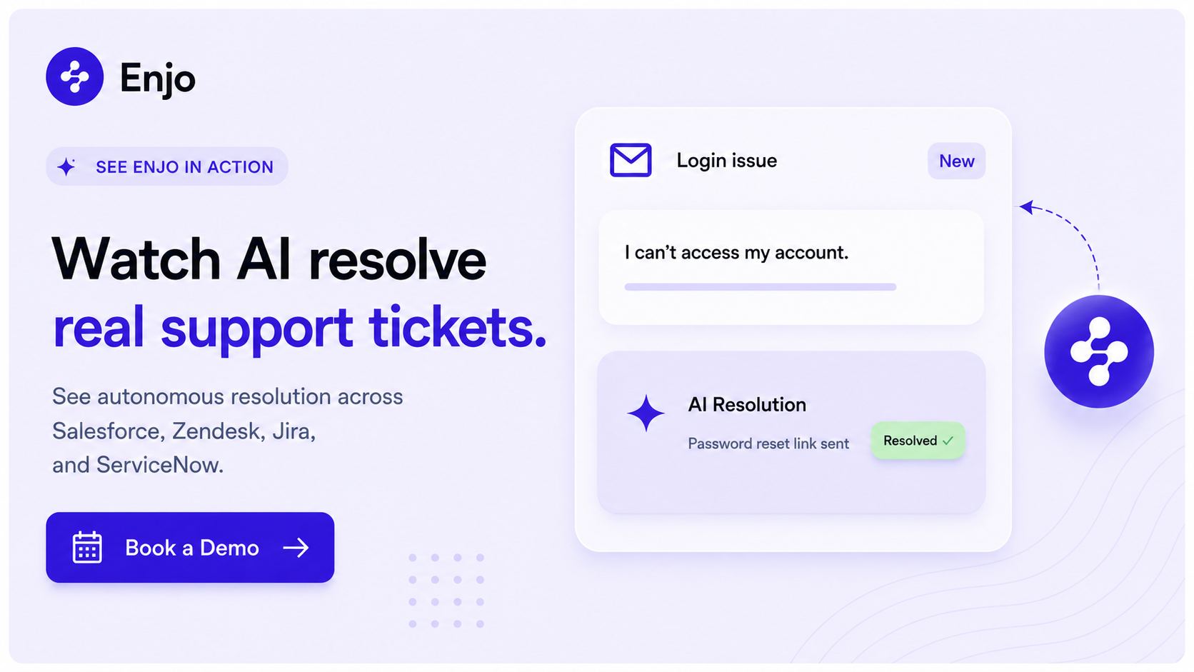 CTA banner showing Enjo AI autonomously resolving a customer support ticket with enterprise support automation.
