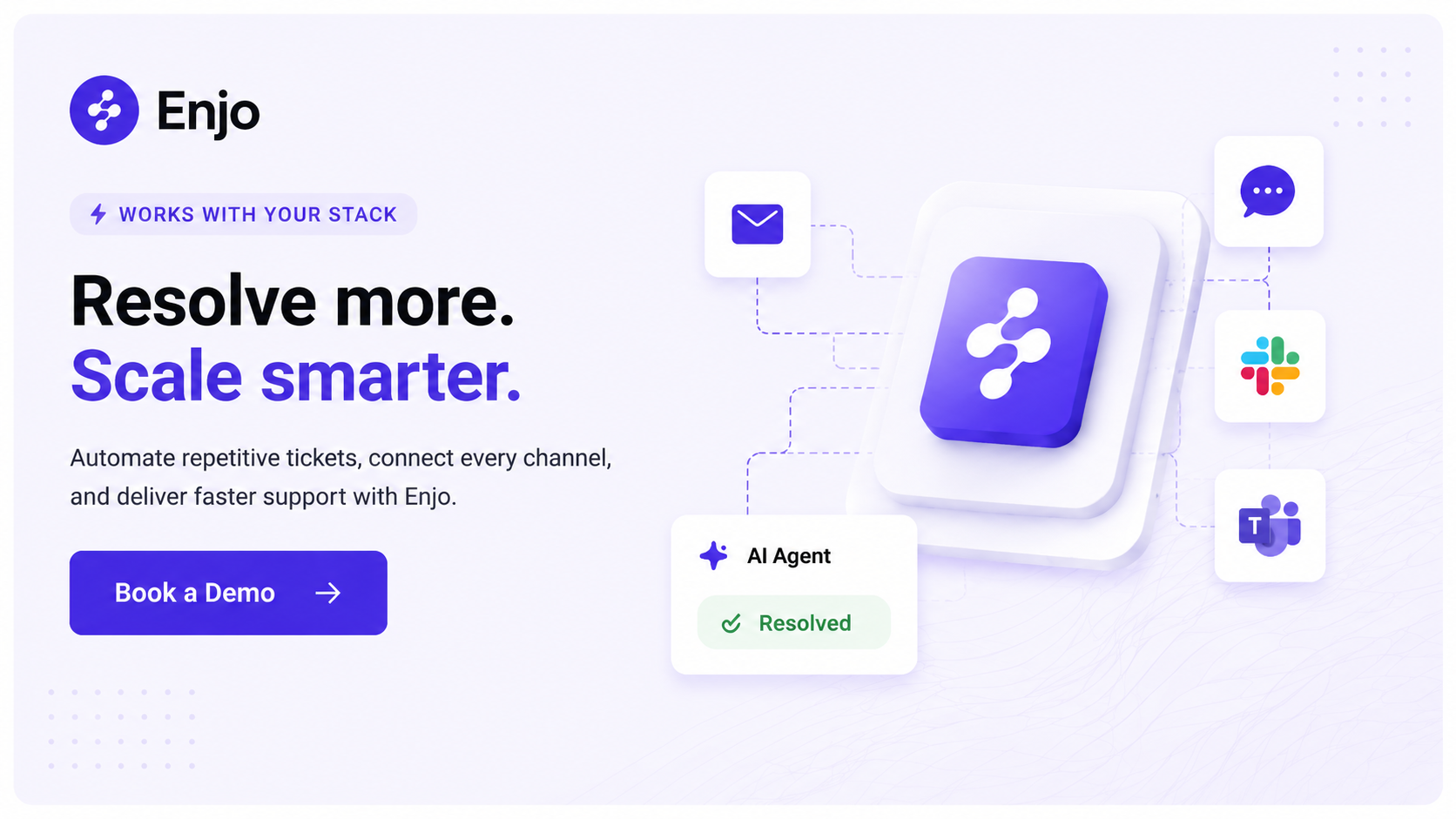 CTA banner showing Enjo AI connecting email, Slack, and Teams to automate support and resolve customer tickets faster.