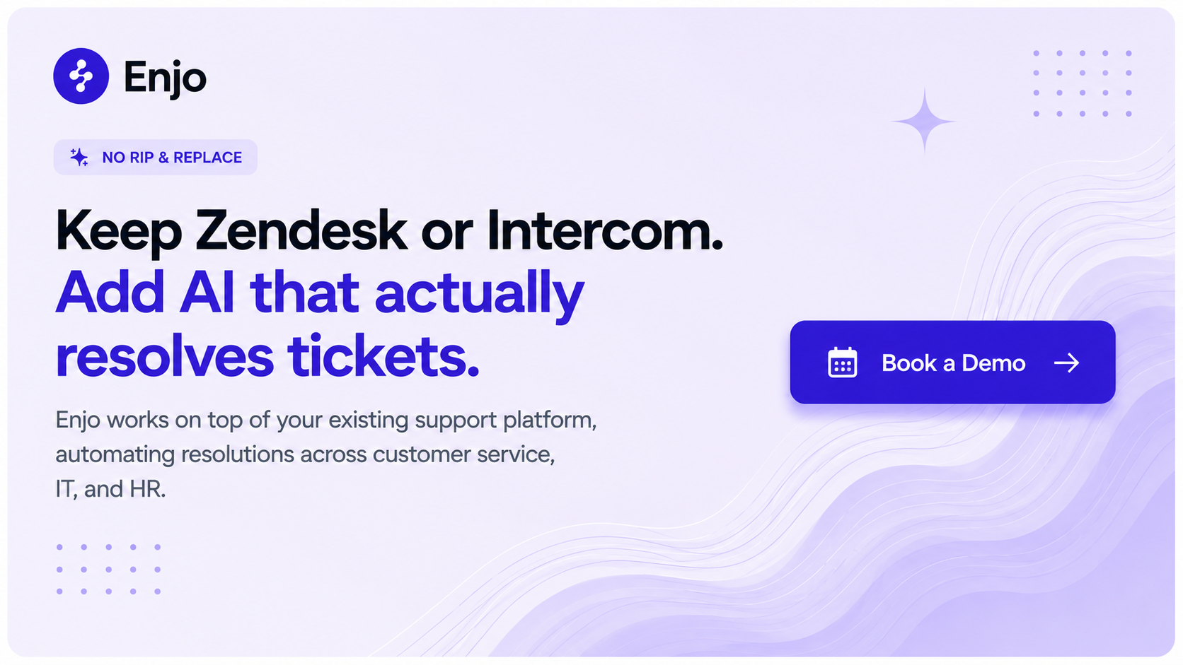 Enjo AI automates ticket resolution across Zendesk and Intercom while helping support teams resolve requests faster.